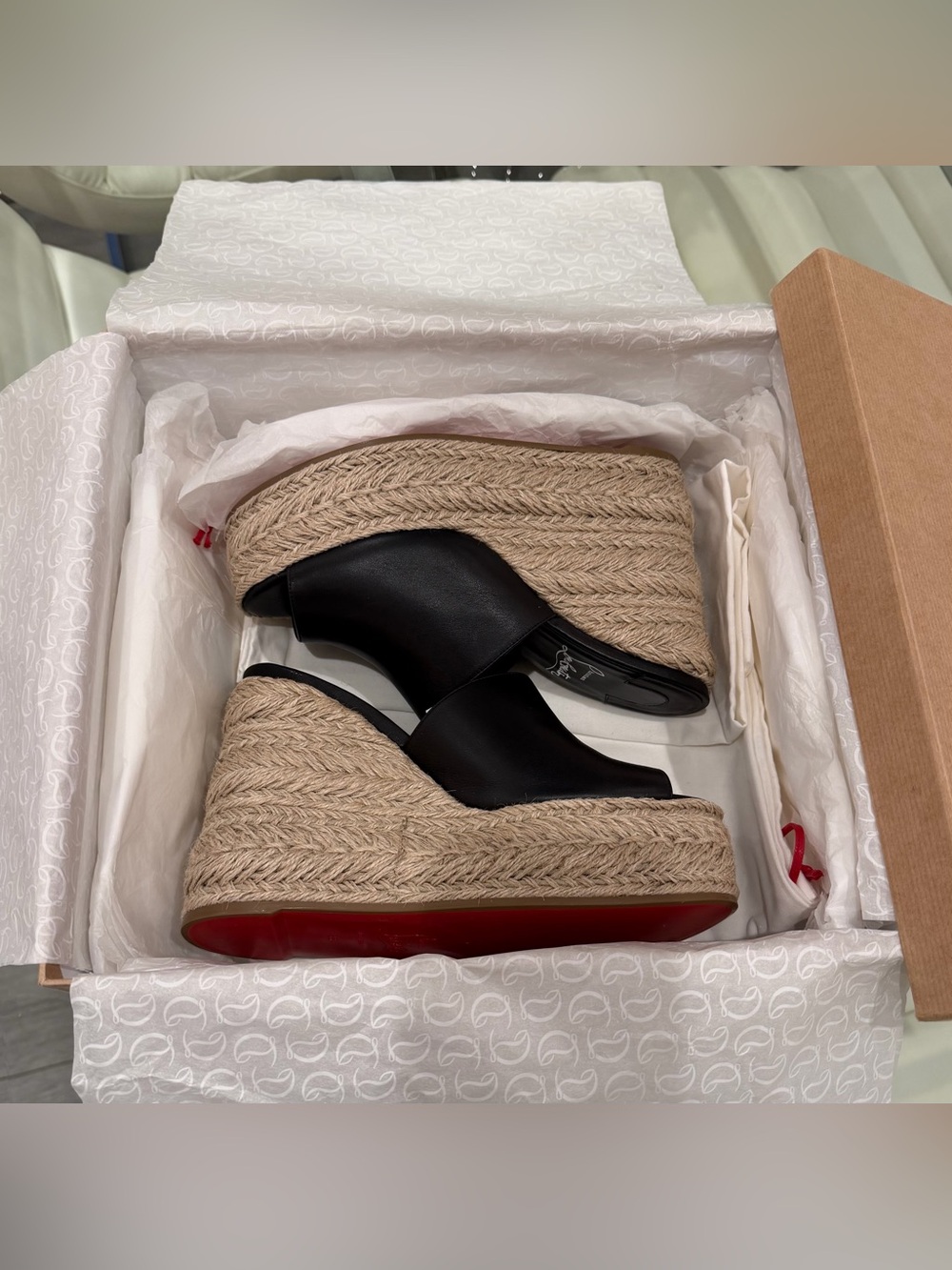 Christian Louboutin Black Leather Espadrille Wedge Sandals with Red Sole